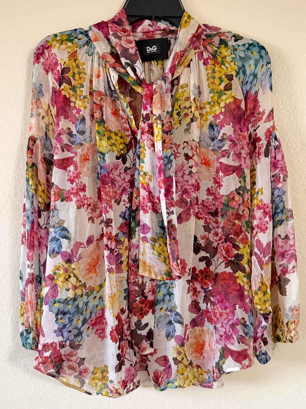 D&G Floral Sheer Tie-Neck Blouse in White, Pink, Yellow & Blue silk